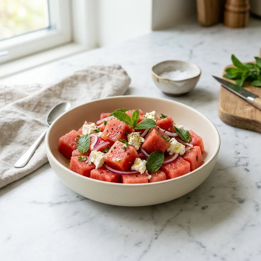Ett glas vattenmelonsallad med fetaost serverat kallt och fräscht med enkel garnering