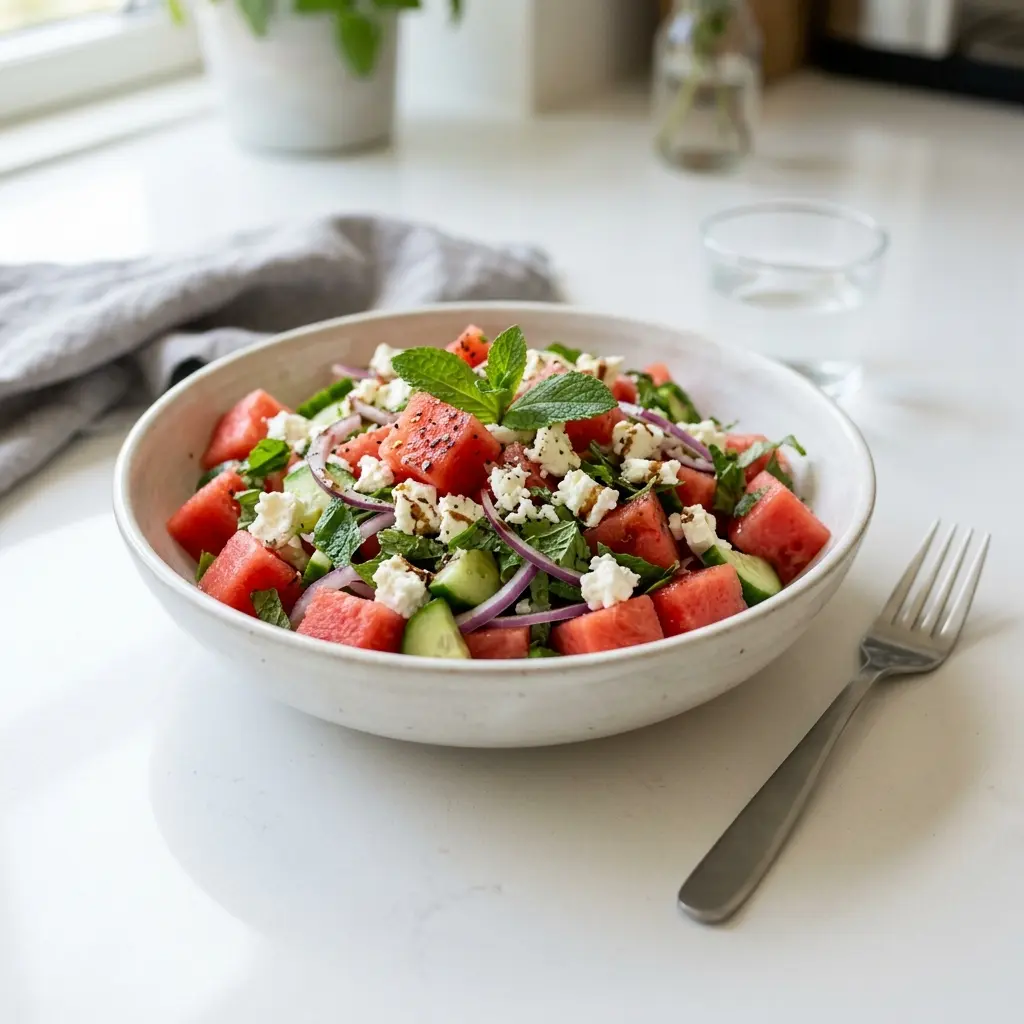 Ett glas vattenmelonsallad serverat kallt och fräscht med enkel garnering