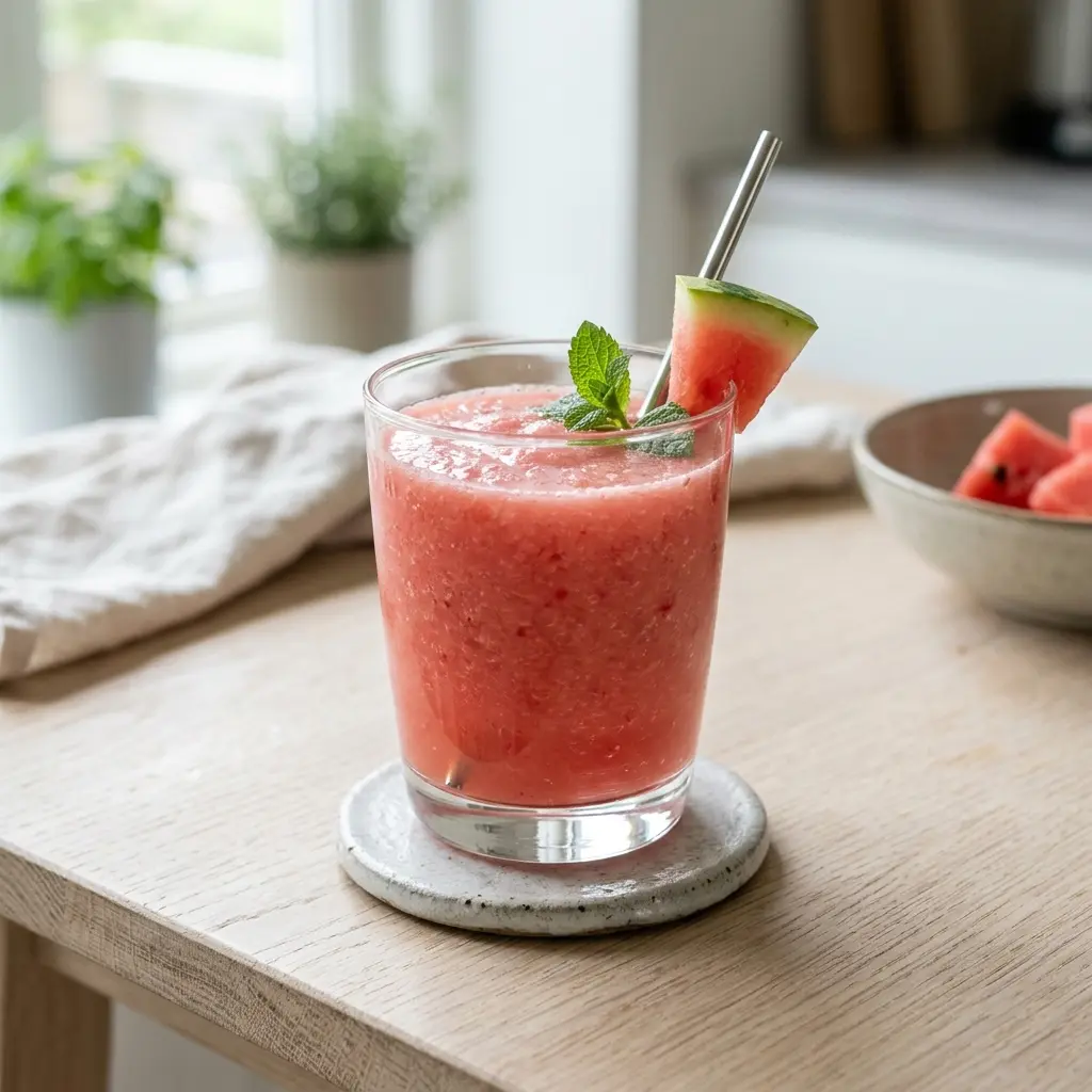 Ett glas vattenmelonsmoothie serverat kallt och fräscht med enkel garnering