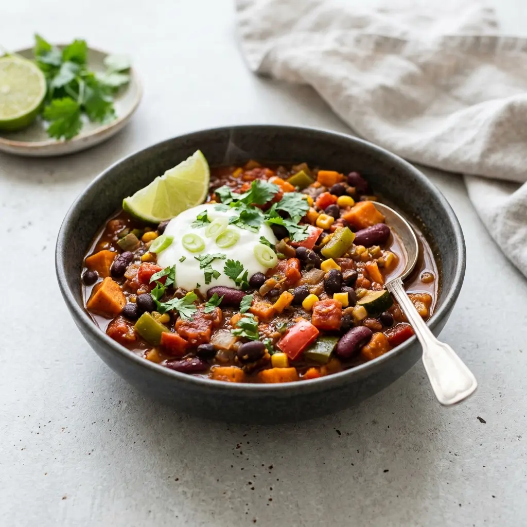 Nylagad vegetarisk chili serverad på ett aptitligt och hemlagat sätt