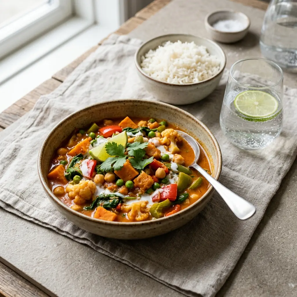 Nylagad vegetarisk curry serverad på ett aptitligt och hemlagat sätt