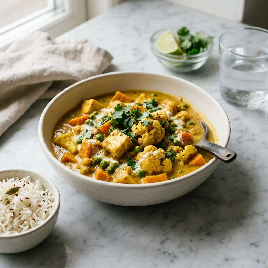 Nylagad vegetarisk korma serverad på ett aptitligt och hemlagat sätt