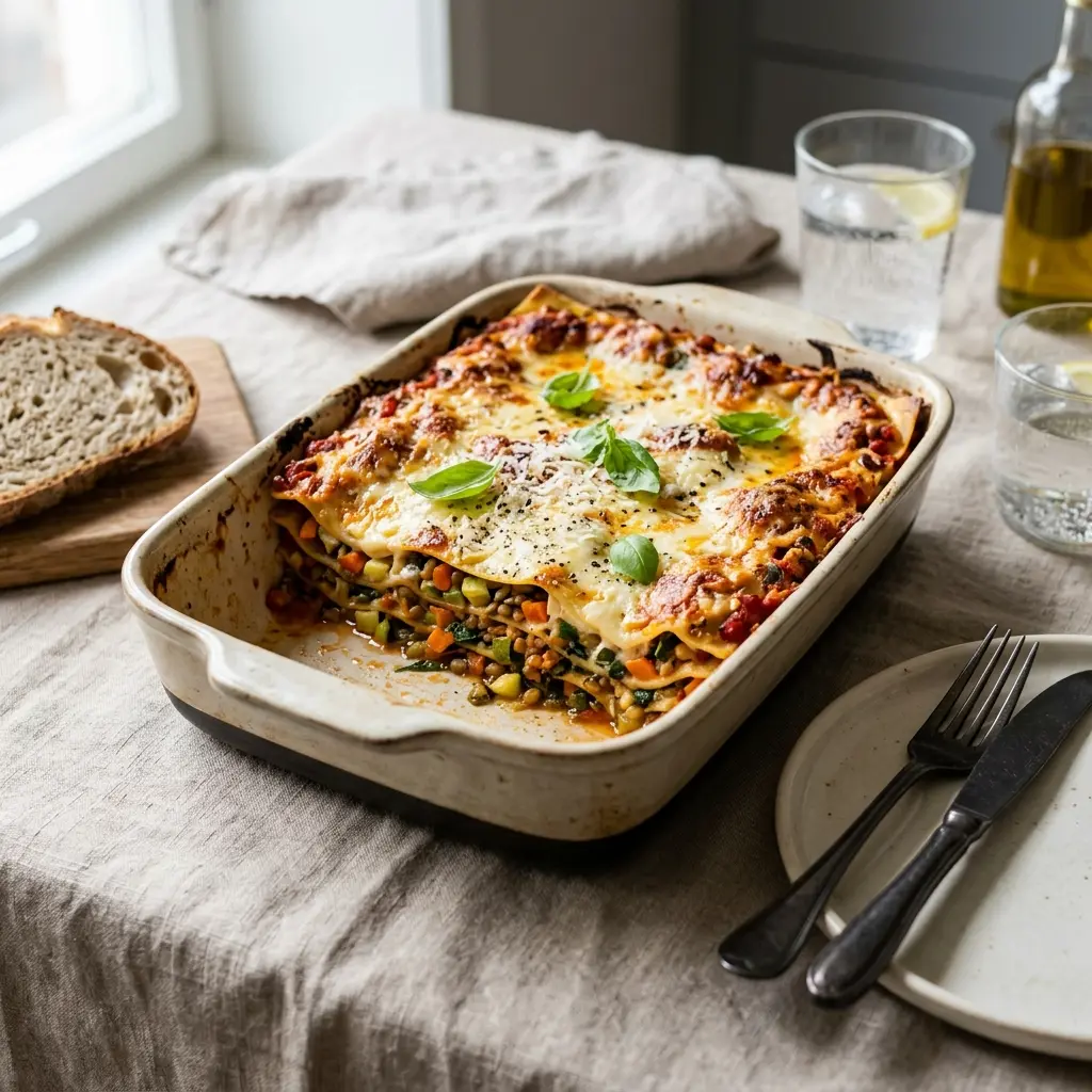 Nylagad vegetarisk lasagne serverad på ett aptitligt och hemlagat sätt