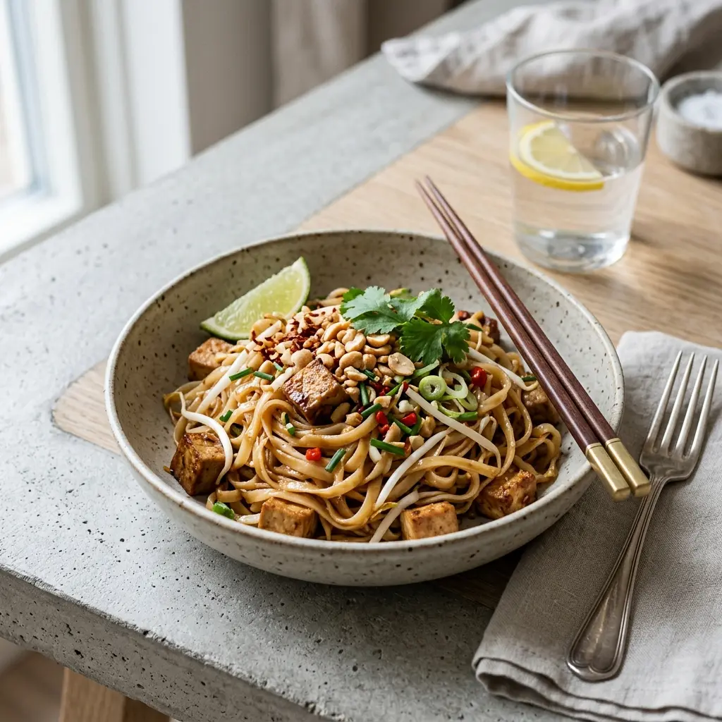 Nylagad vegetarisk pad thai serverad på ett aptitligt och hemlagat sätt