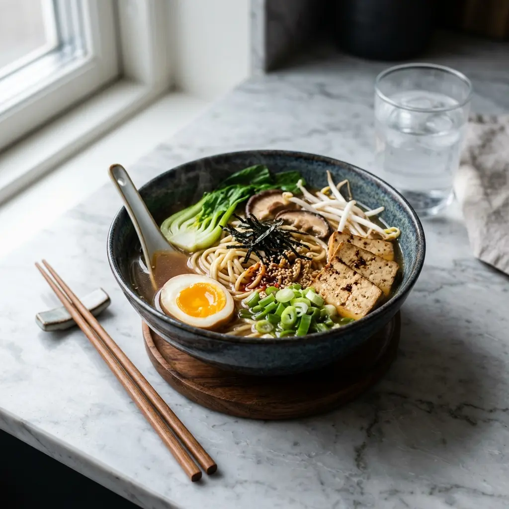 Nylagad vegetarisk ramen serverad på ett aptitligt och hemlagat sätt