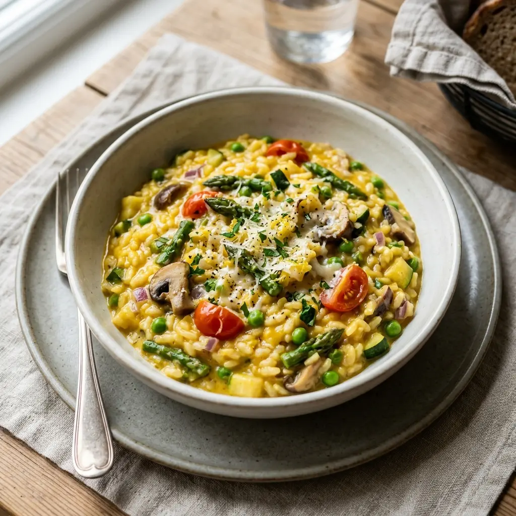 Nylagad vegetarisk risotto serverad på ett aptitligt och hemlagat sätt
