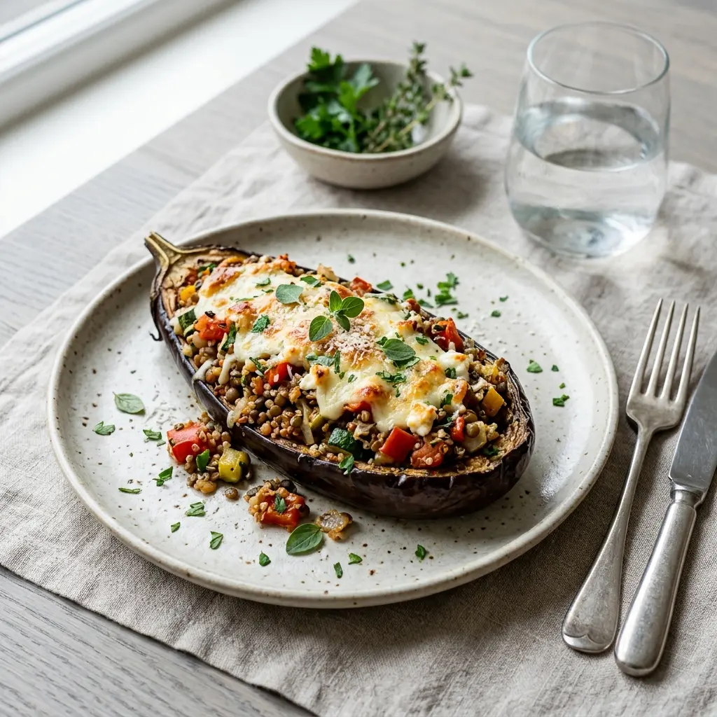 Nylagad vegetariskt fylld aubergine serverad på ett aptitligt och hemlagat sätt