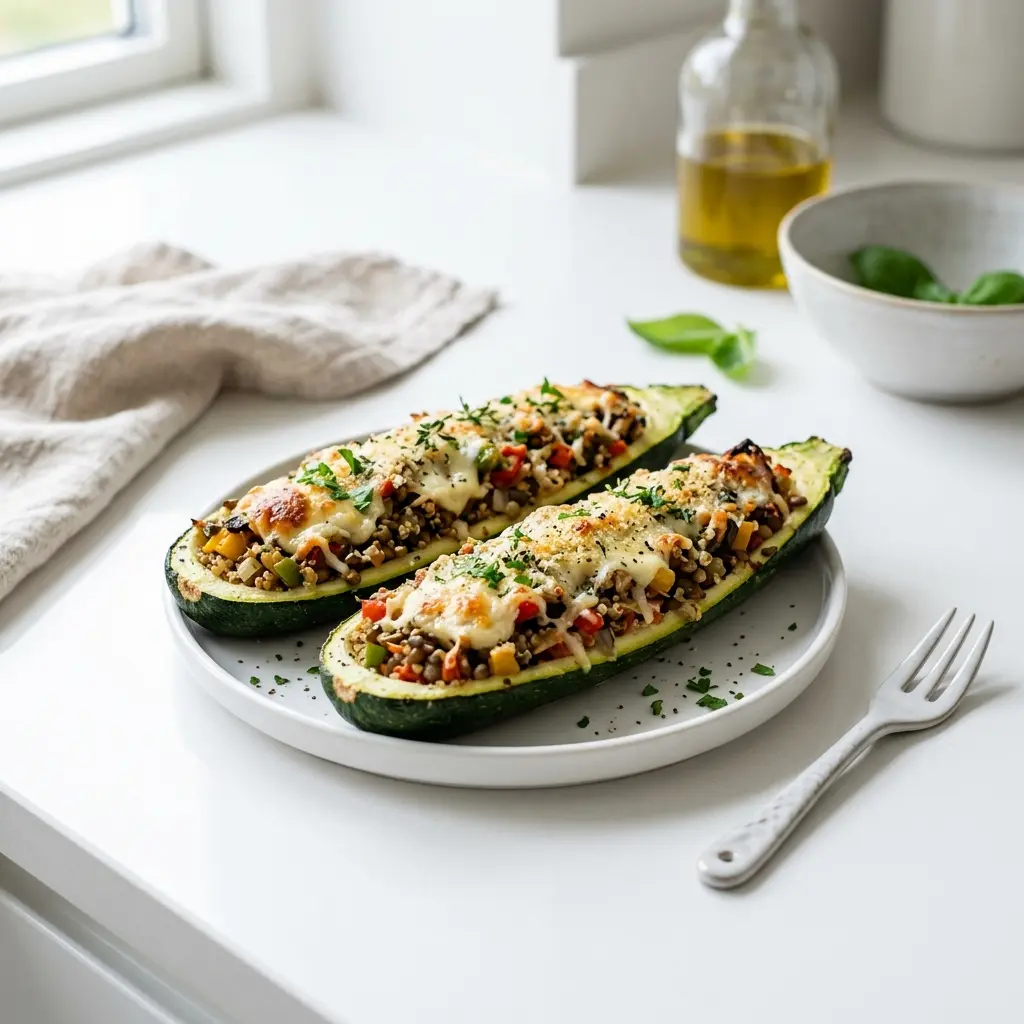 Nylagad vegetariskt fylld zucchini serverad på ett aptitligt och hemlagat sätt