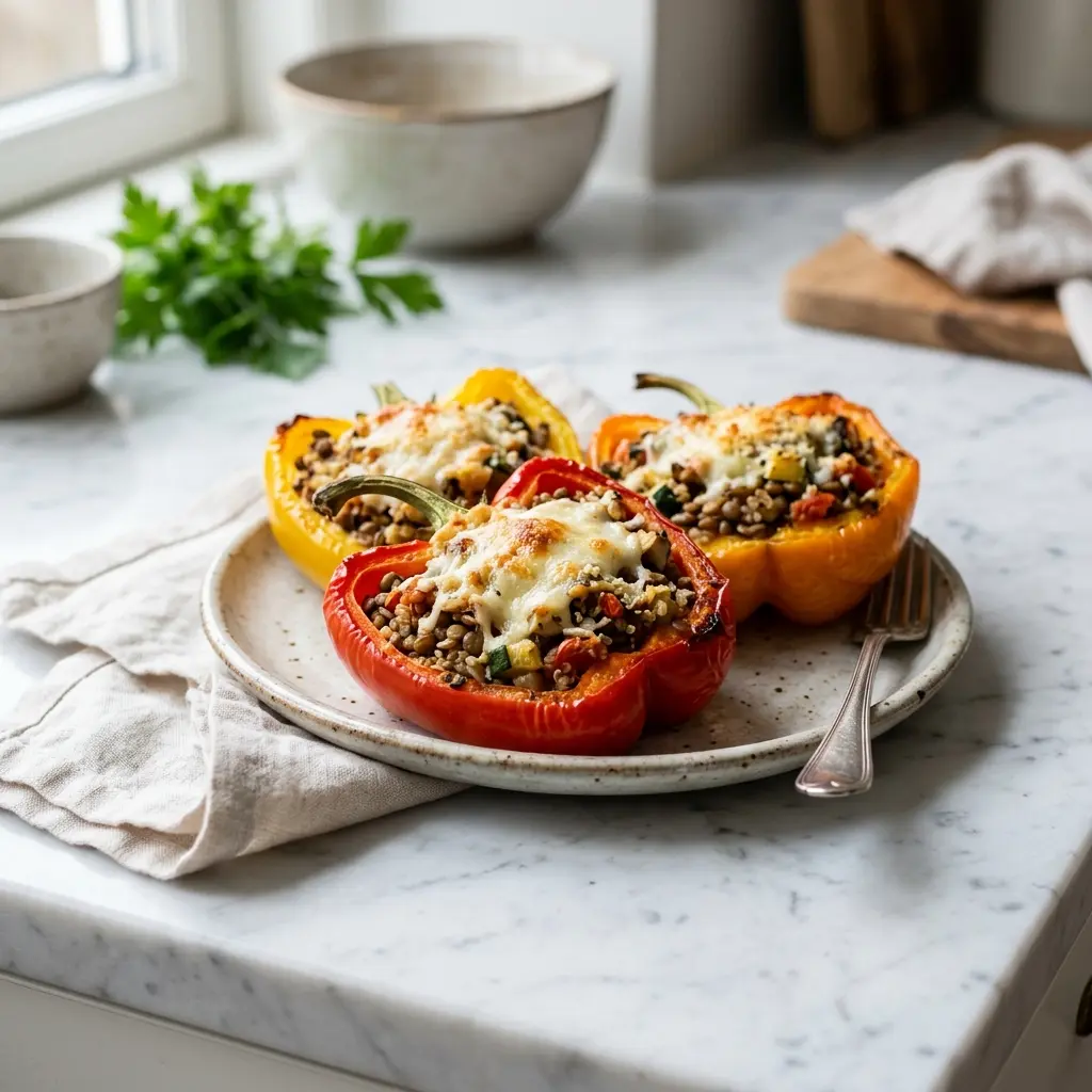 Nylagad vegetariskt fyllda paprikor serverad på ett aptitligt och hemlagat sätt