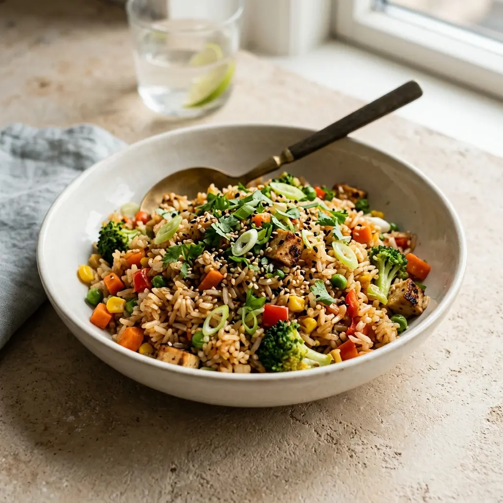 Ett glas vegetariskt stekt ris serverat kallt och fräscht med enkel garnering