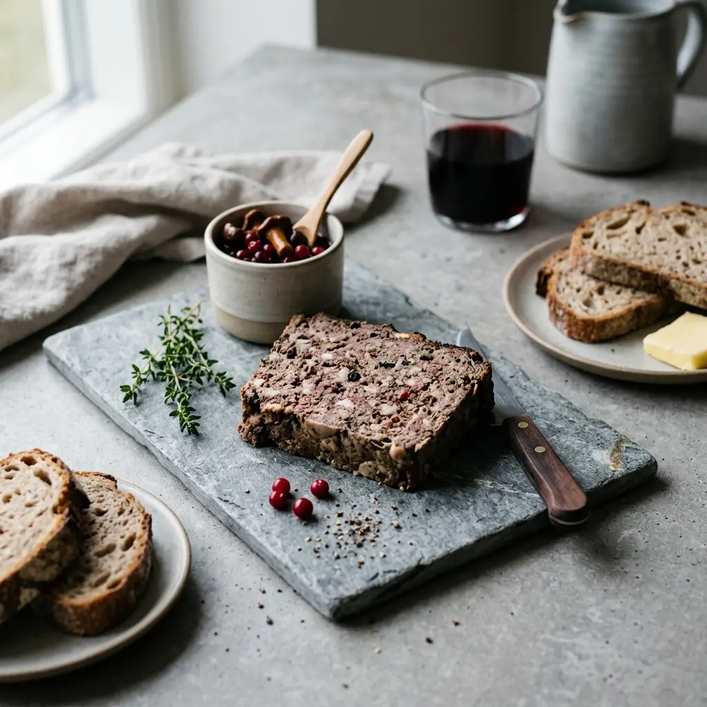 Ett glas viltpaté serverat kallt och fräscht med enkel garnering