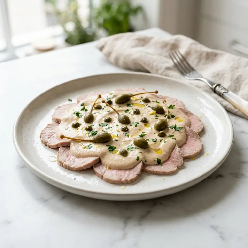 Ett glas vitello tonnato serverat kallt och fräscht med enkel garnering