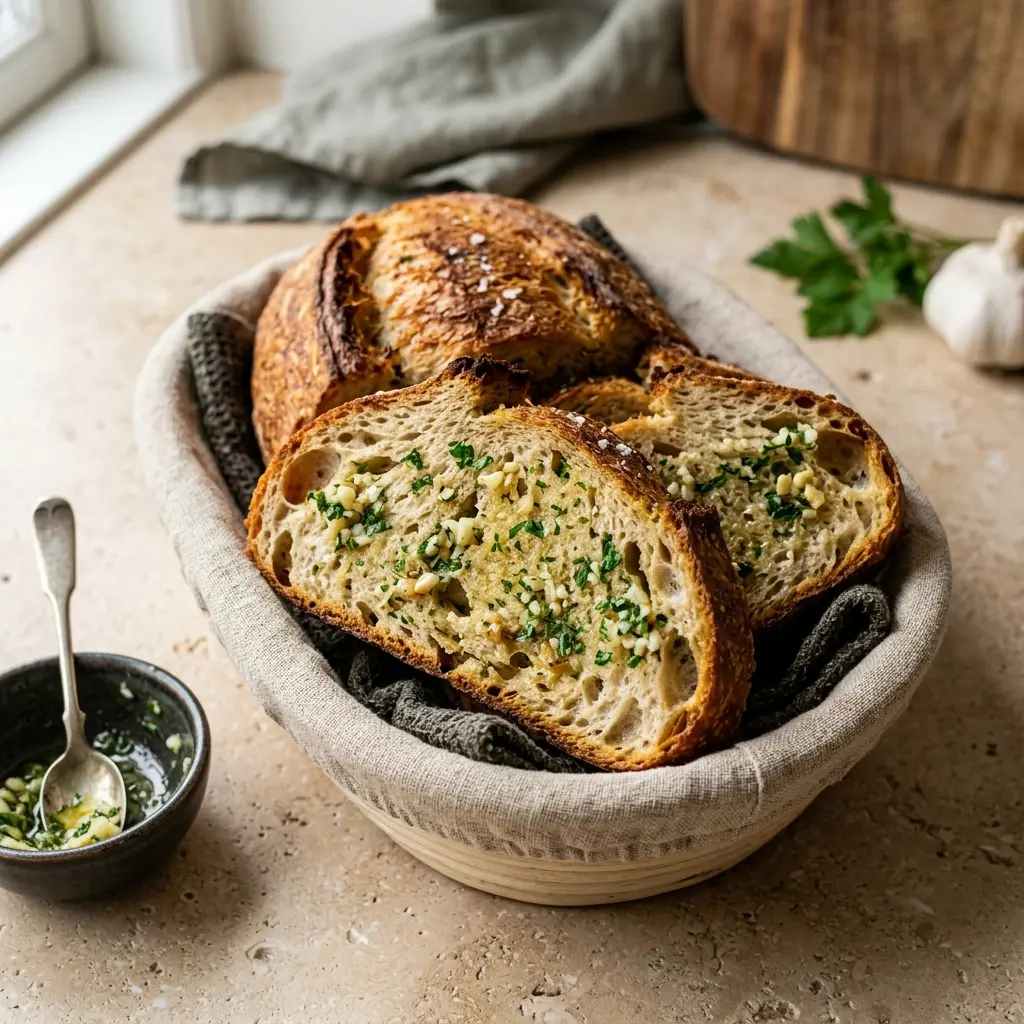Nybakad vitlöksbröd serverad och klar att njuta av