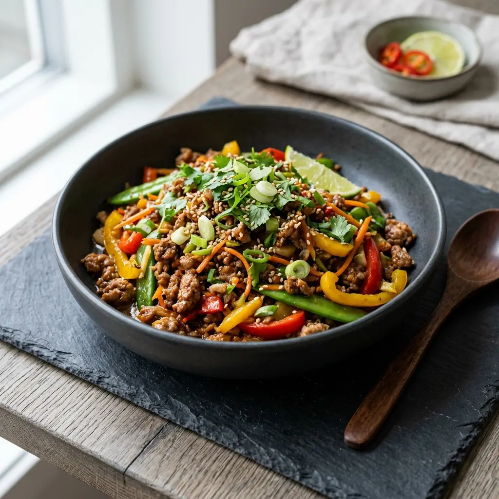Nylagad wok med fläskfärs serverad på ett aptitligt och hemlagat sätt