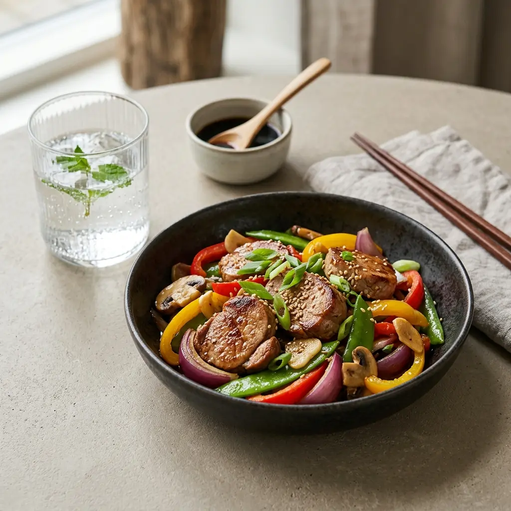 Nylagad wok med fläskfilé serverad på ett aptitligt och hemlagat sätt