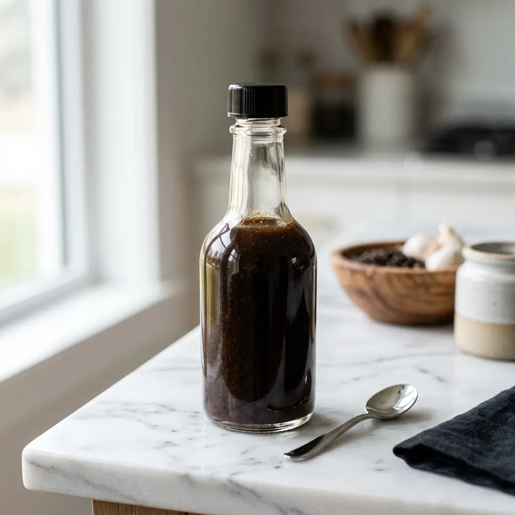 Ett glas worcestershiresås serverat kallt och fräscht med enkel garnering