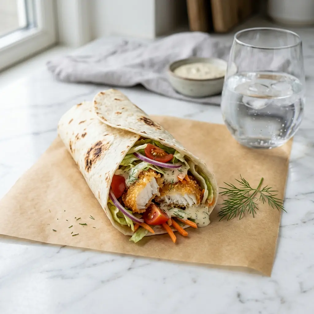 Nylagad wrap med krispig rödspätta serverad på ett aptitligt och hemlagat sätt