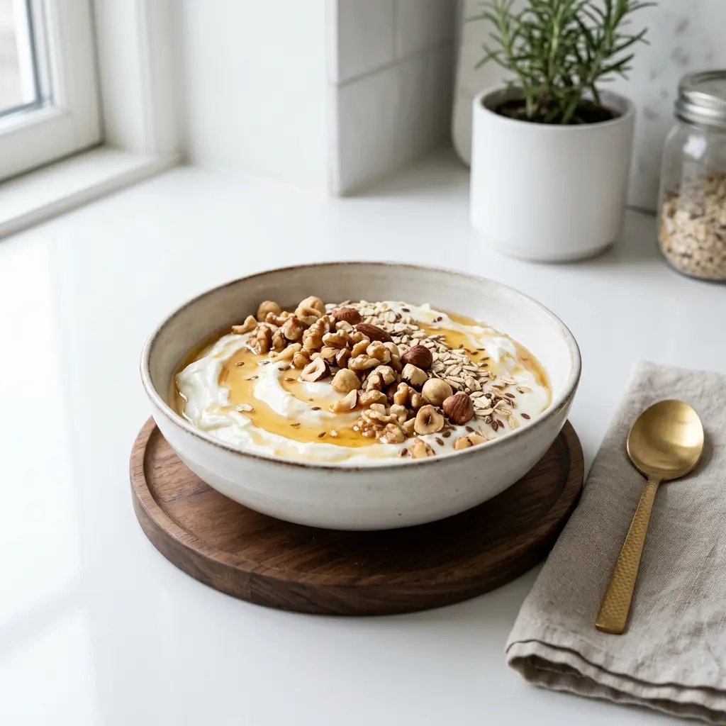 Ett glas yoghurt med honung och nötter serverat kallt och fräscht med enkel garnering