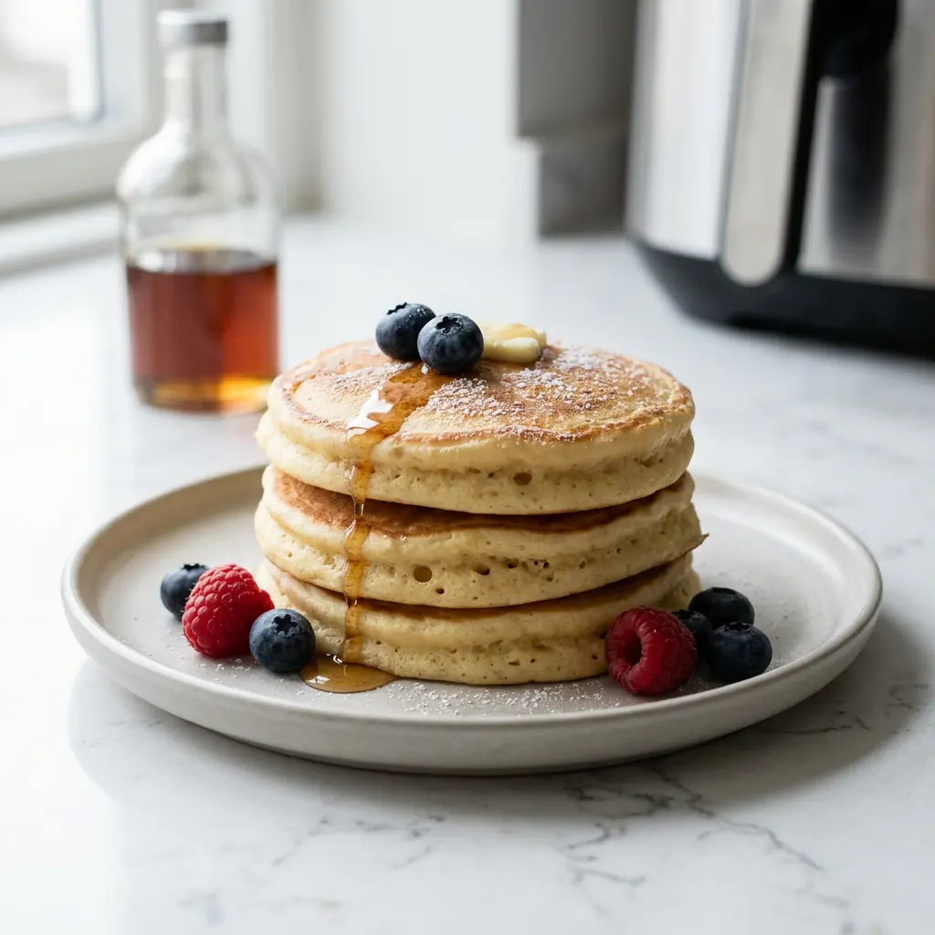 Foto av Amerikanska pannkakor i airfryer som färdig dessert eller bakverk från airfryer