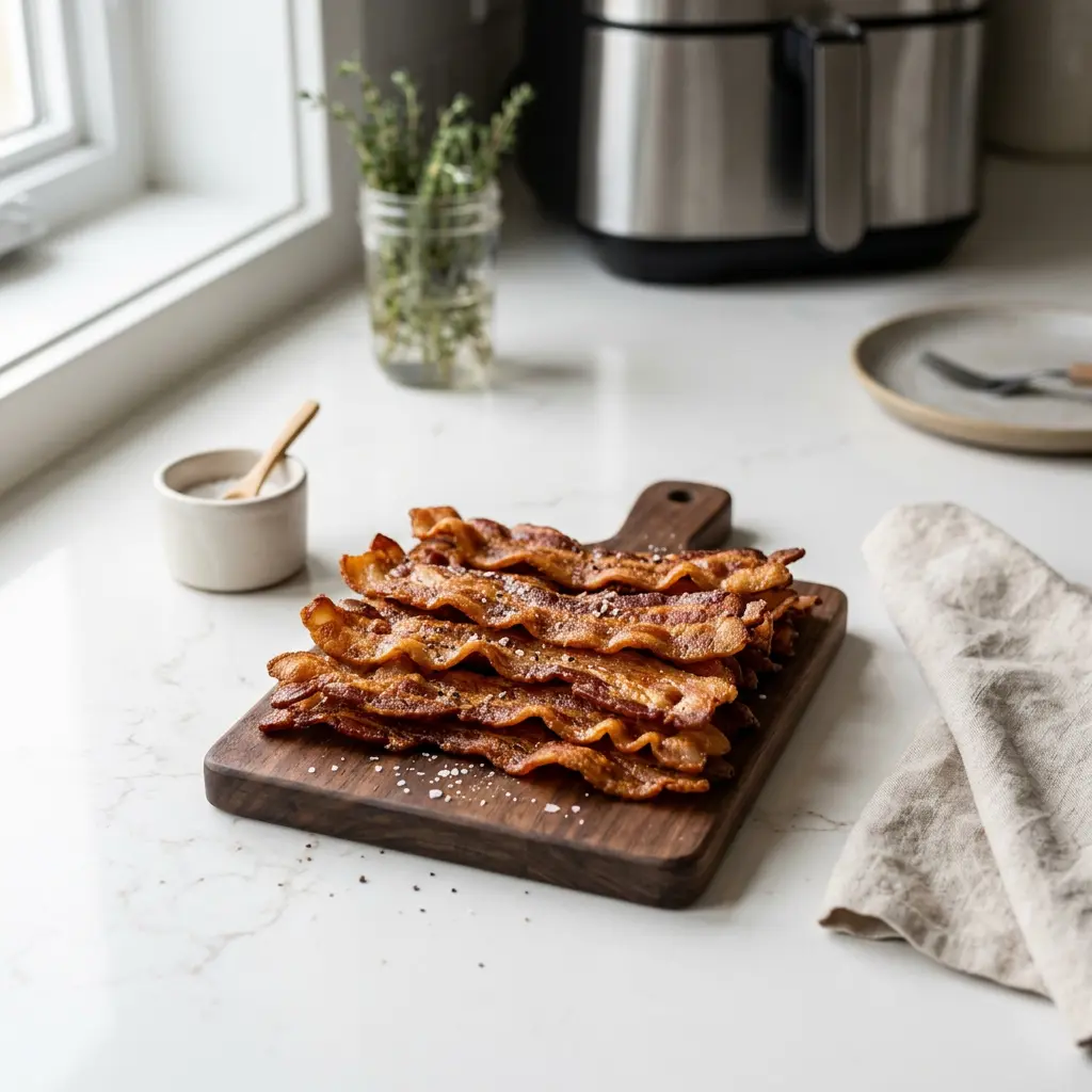 Foto av Bacon i airfryer med färdiglagat kött från airfryer
