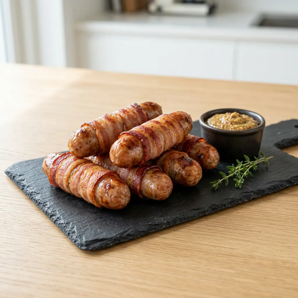 Foto av Baconlindad korv i airfryer med färdiglagat kött från airfryer