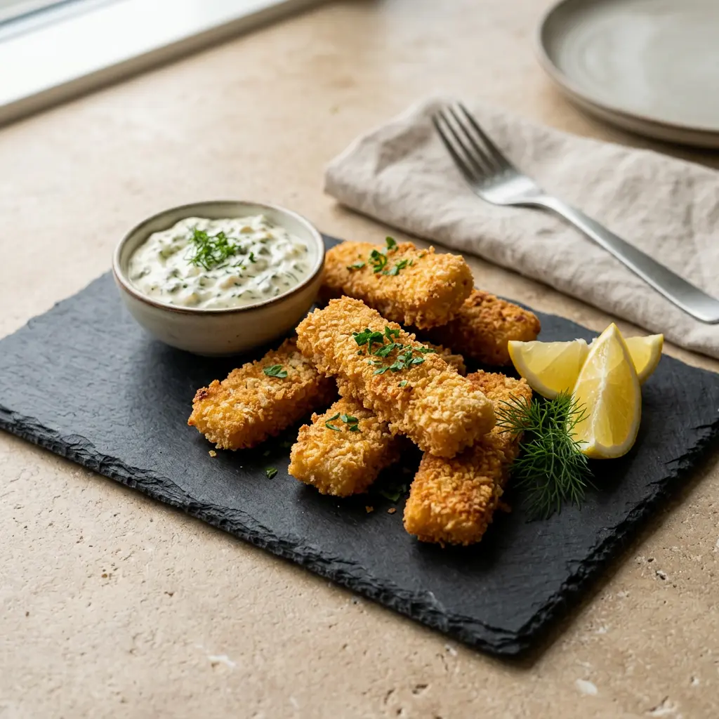 Foto av Fiskpinnar i airfryer med färdiglagad fisk eller skaldjur