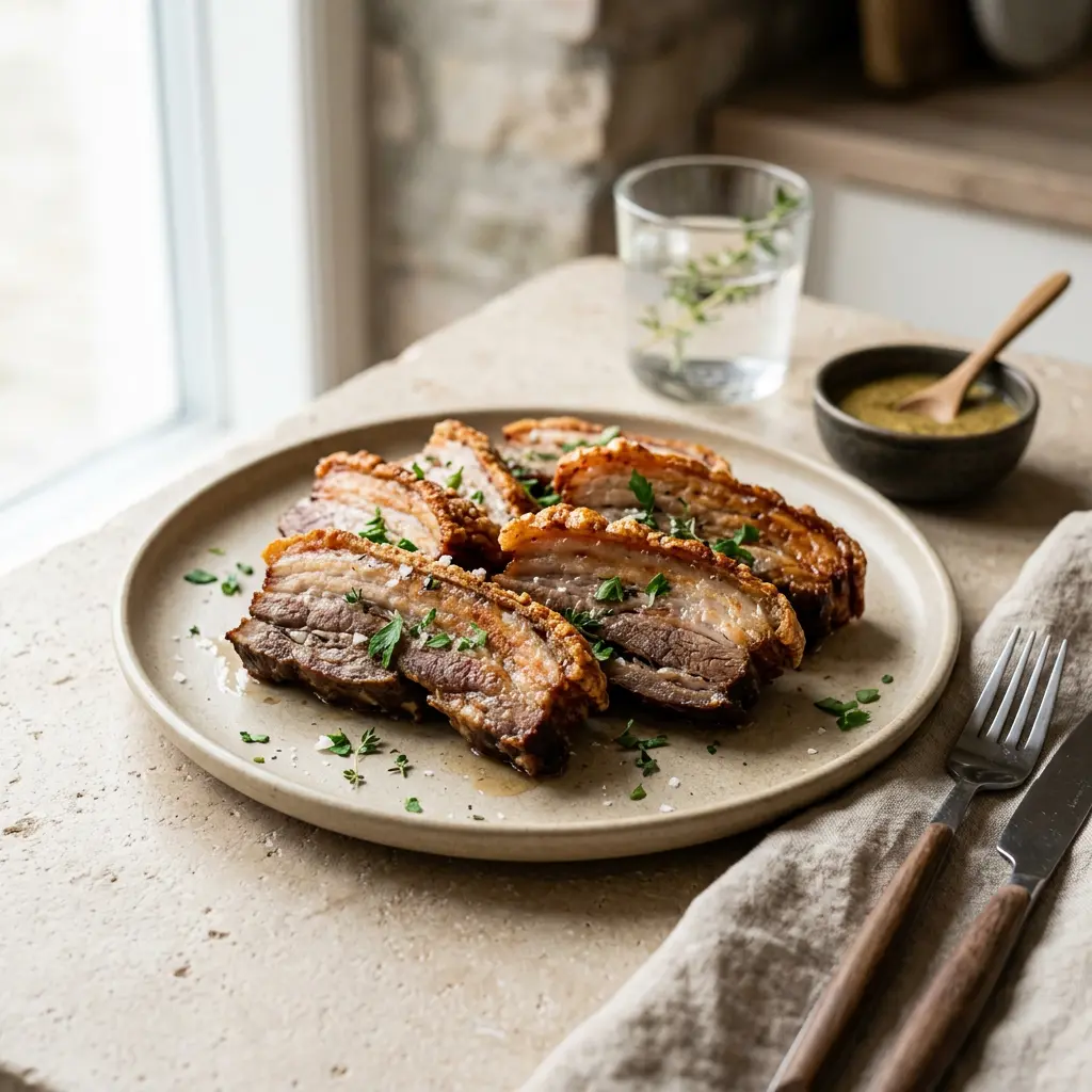 Foto av Fläsksida i airfryer med färdiglagat kött från airfryer