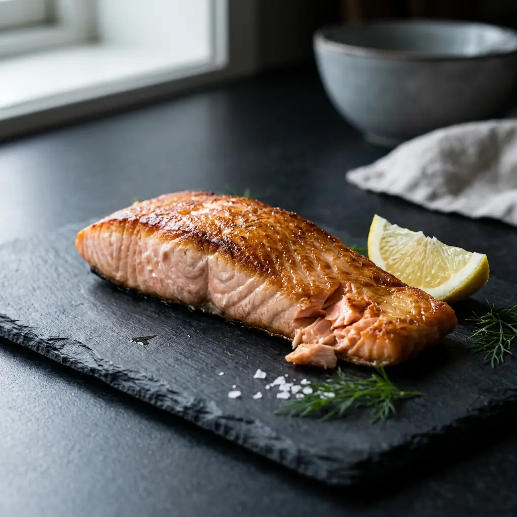 Foto av Fryst lax i airfryer med färdiglagad fisk eller skaldjur