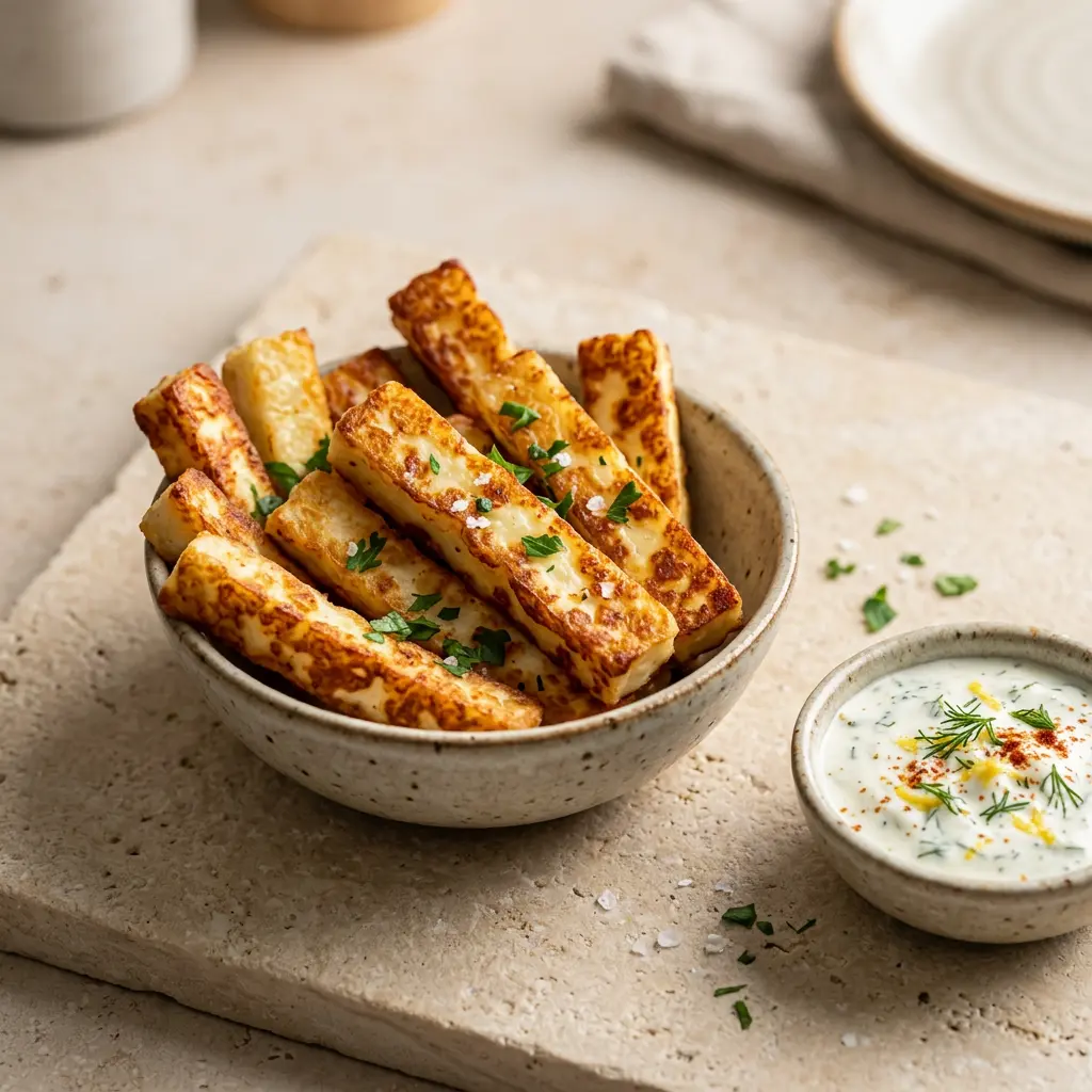 Foto av Halloumipommes i airfryer med krispigt resultat från airfryer