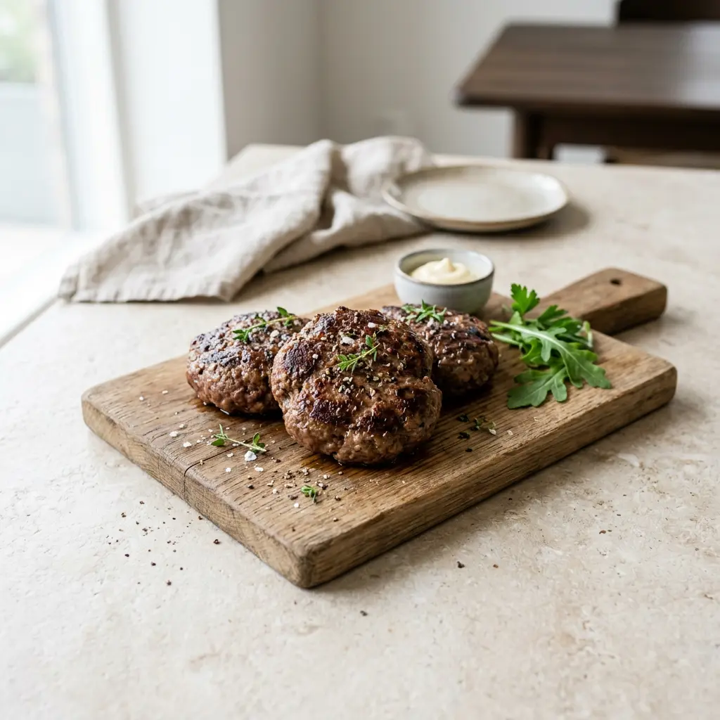 Foto av Hamburgerbiffar i airfryer med färdiglagat kött från airfryer