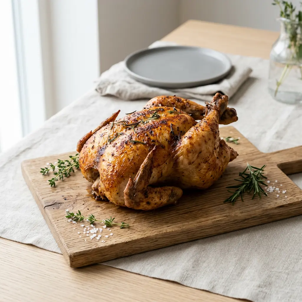 Foto av Hel kyckling i airfryer med färdiglagad fågel från airfryer