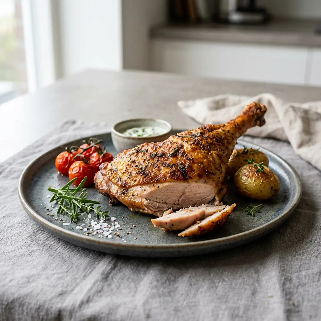 Foto av Kalkonlår i airfryer med färdiglagad fågel från airfryer