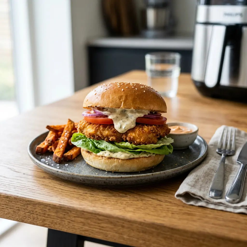 Foto av Kycklingburgare i airfryer med färdiglagad fågel från airfryer