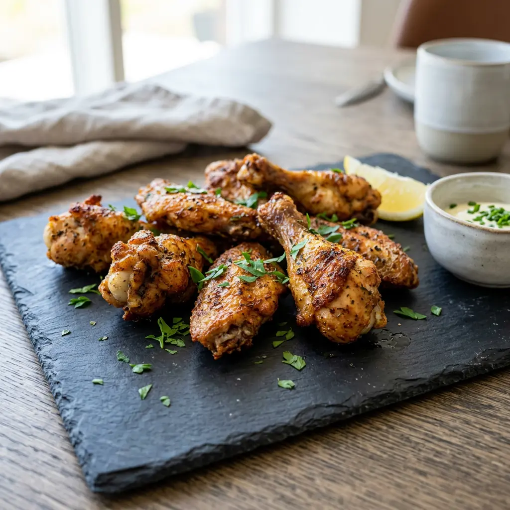 Foto av Kycklingdelar i airfryer med färdiglagad fågel från airfryer