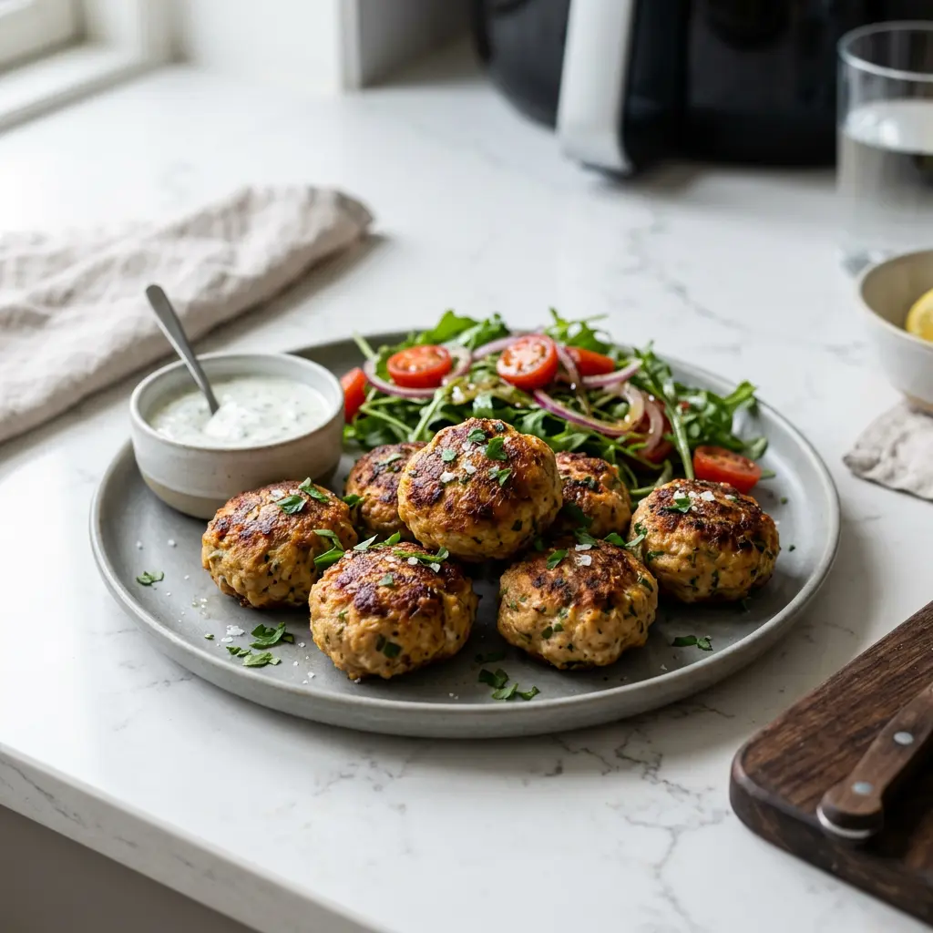 Foto av Kycklingfärsbiffar i airfryer med färdiglagad fågel från airfryer