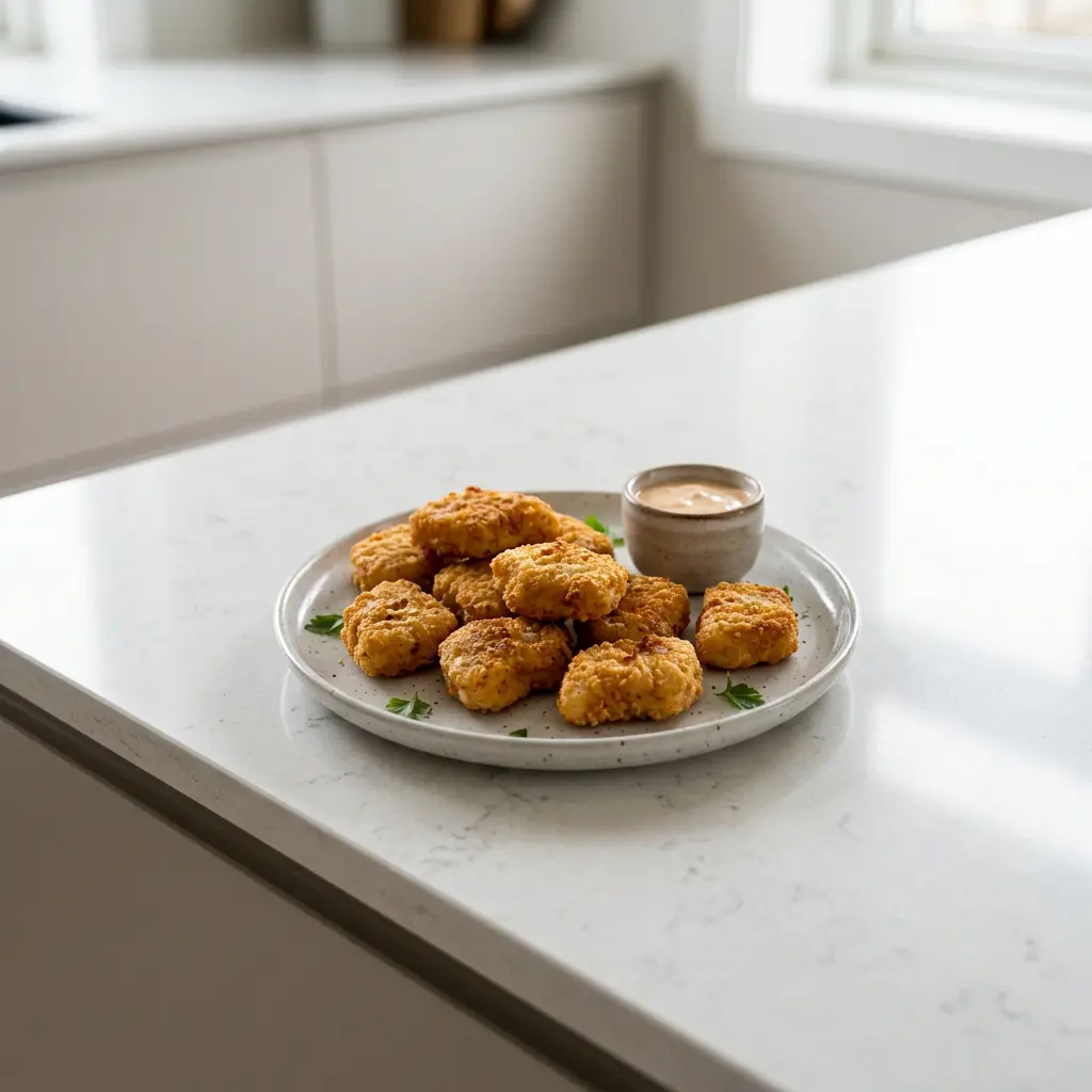 Foto av Kycklingnuggets i airfryer med färdiglagad fågel från airfryer