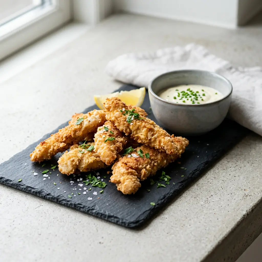 Foto av Kycklingstrimlor i airfryer med färdiglagad fågel från airfryer