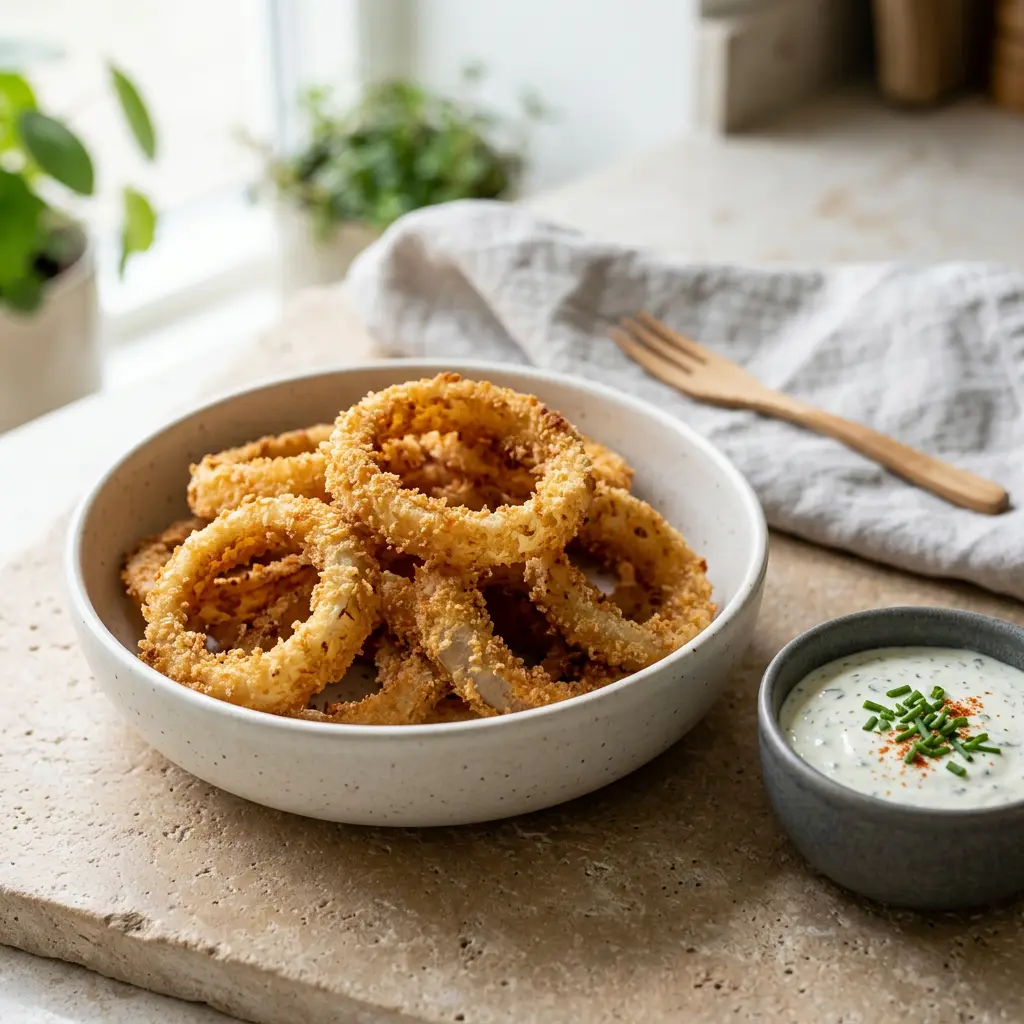 Foto av det färdiga receptet Panerade lökringar i airfryer