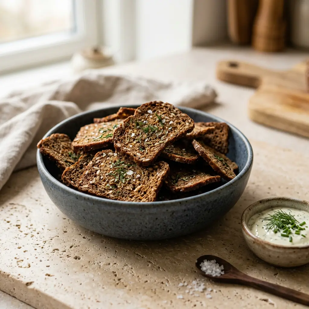 Foto av Rågbrödschips i airfryer som färdigt bröd eller bakverk från airfryer