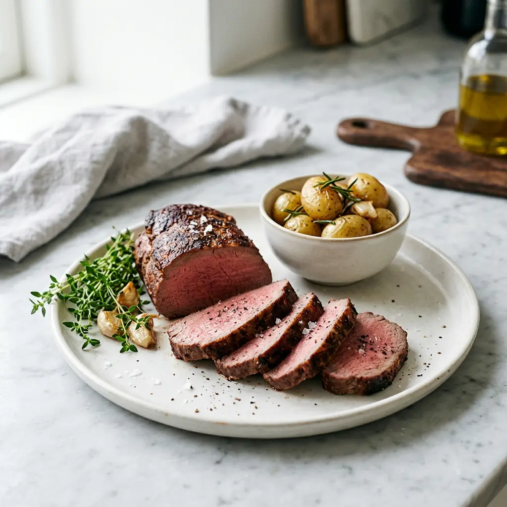 Foto av Ryggbiff i airfryer med färdiglagat kött från airfryer