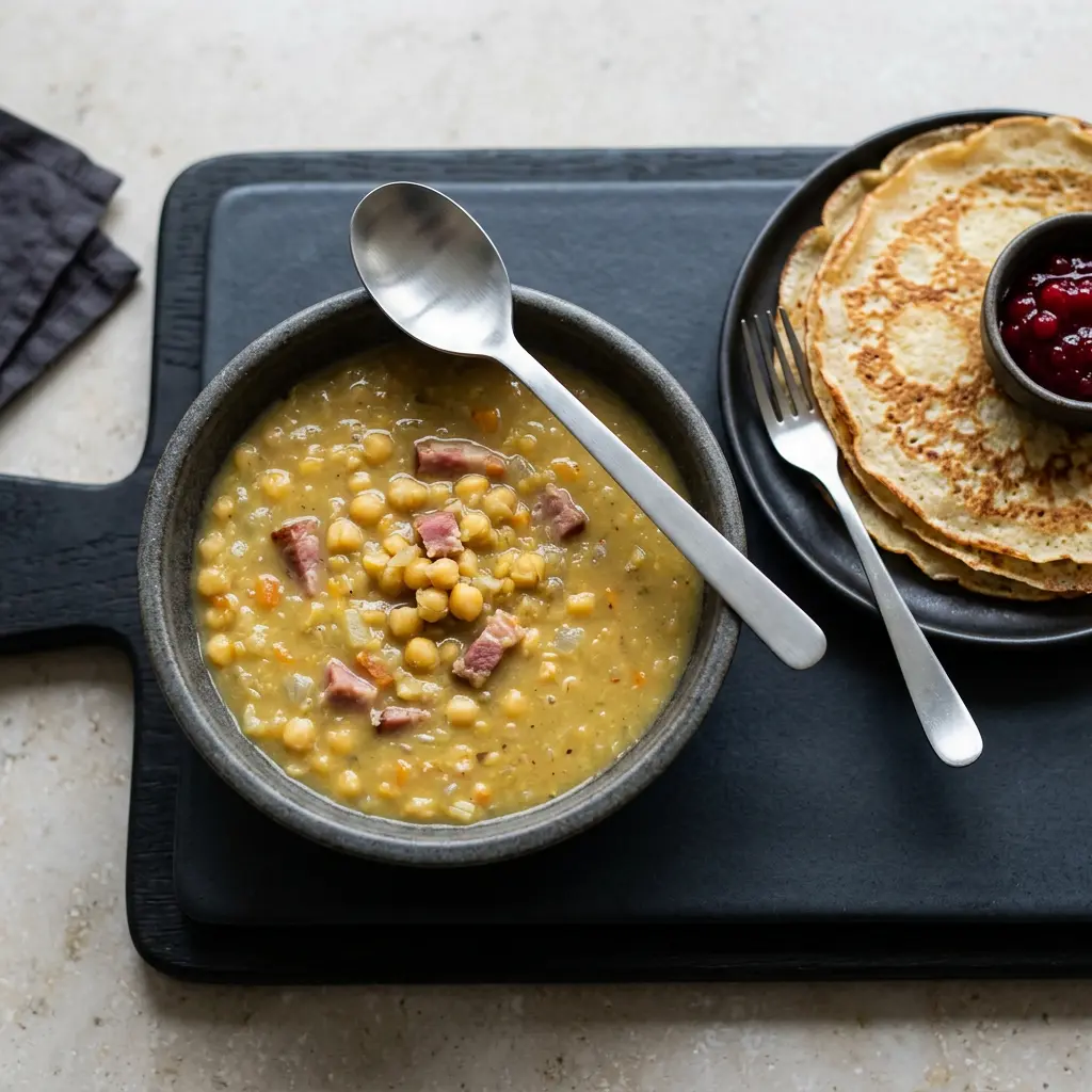Foto av Ärtsoppa med pannkakor redo att serveras